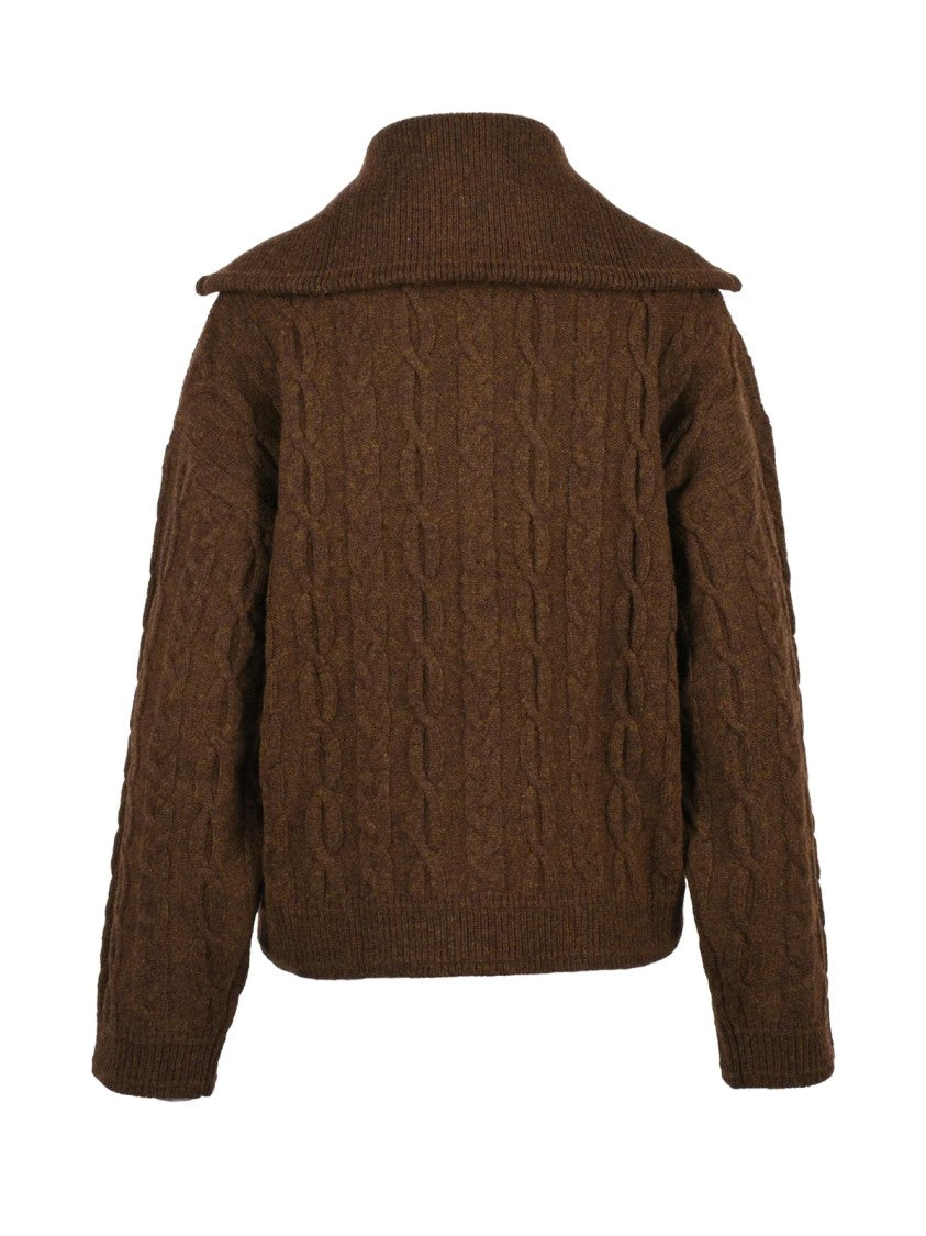 Karl Lagerfeld Brown Cable Knit High Neck Wool-Blend Zip Cardigan