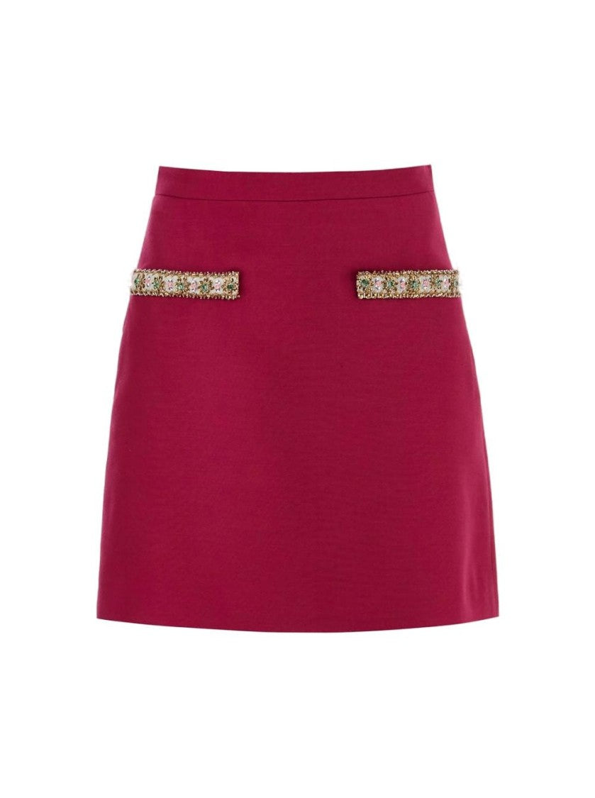 Valentino Crepe Couture Embellished Mini Skirt Magenta
