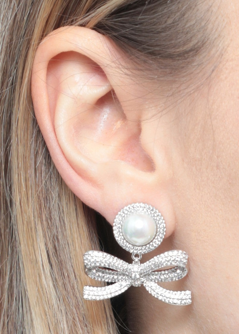Self-Portrait Silver Crystal Bow Pearl Earrings