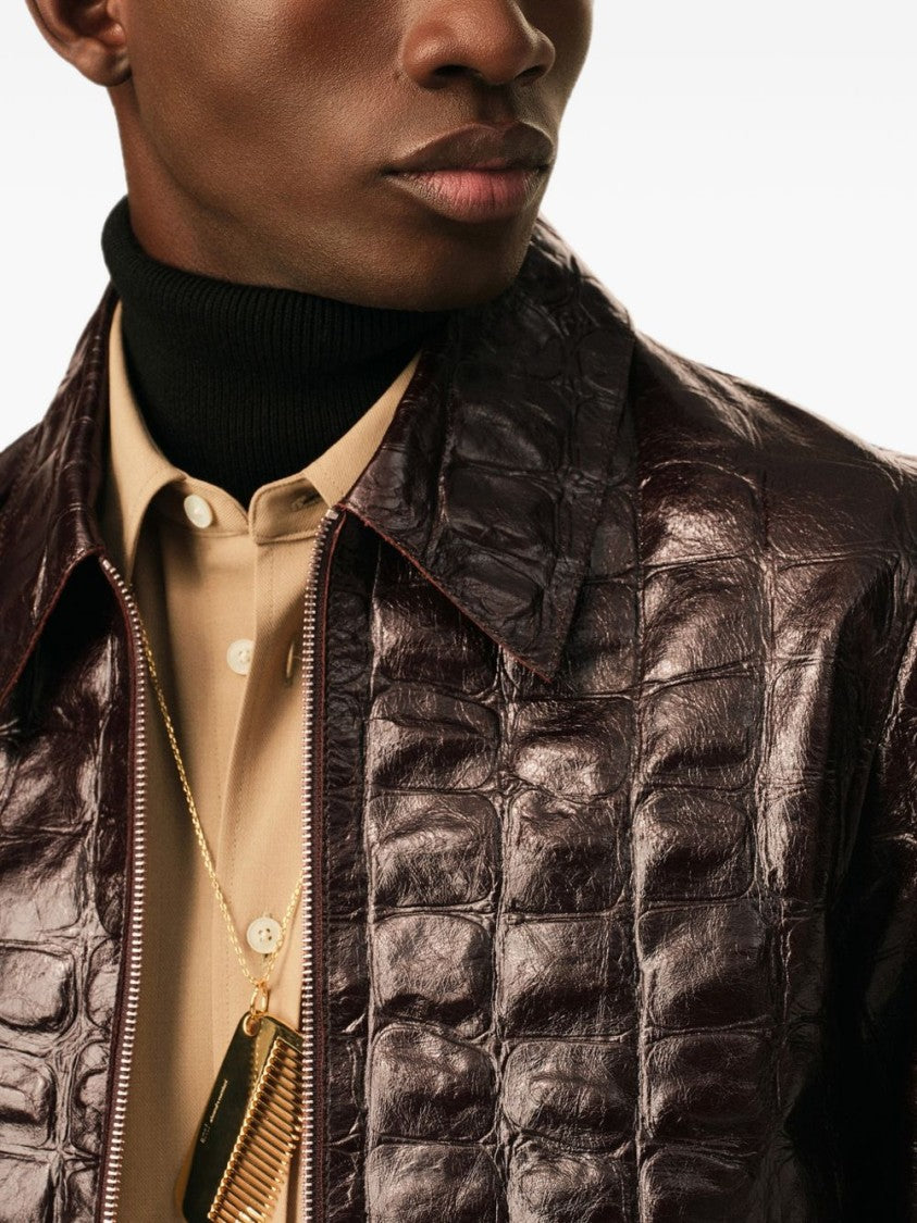 Ami Paris Cropped Textured Jacket With Glossy Crocodile Finish