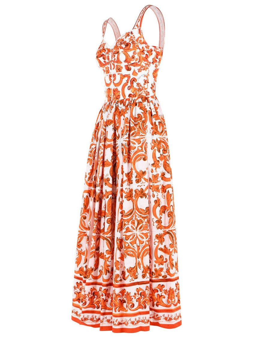 Dolce & Gabbana 'Maiolica' White And Orange Cotton Maxi Dress
