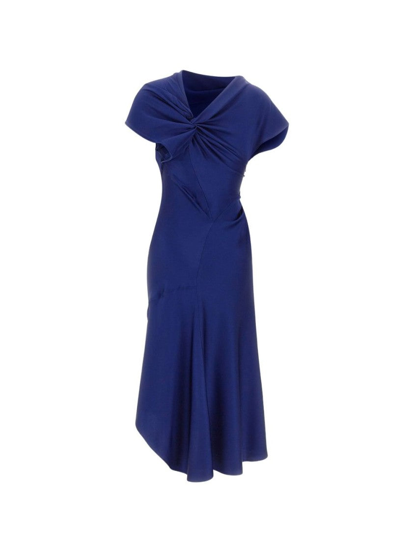 Victoria Beckham Blue Asymmetric Hem Midi Dress With Short Sleeves And Draped Details