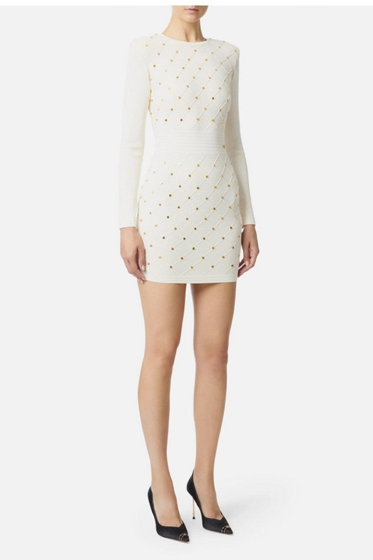 Elisabetta Franchi White Allover Gold-Stud Viscose-Blend Mini Dress