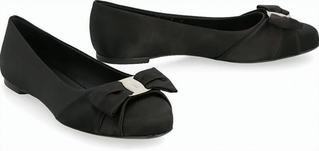 Salvatore Ferragamo Rounded Toe Black Fabric Flats