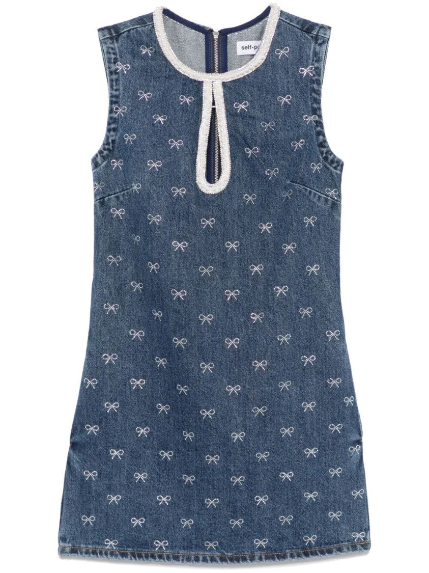 Self-Portrait Denim `Diamante Bow` Mini Dress