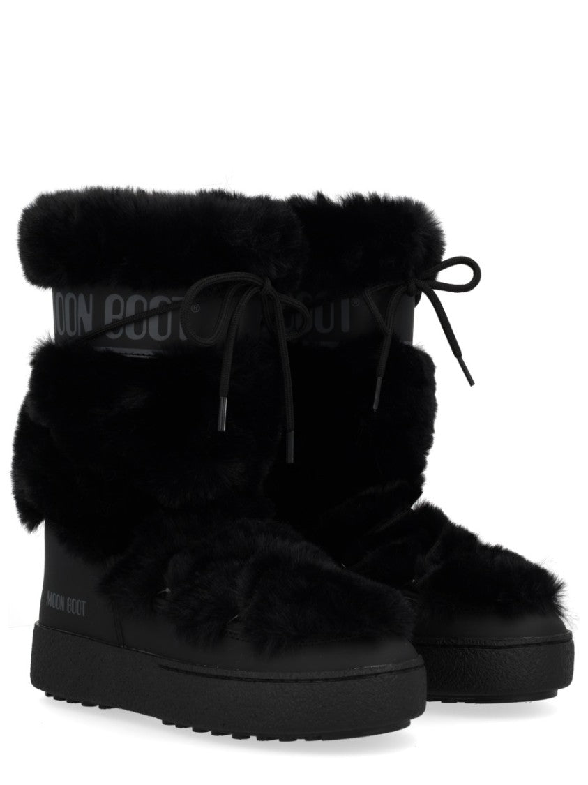 Moon Boot Mid-Calf Plush Black Boots With Lace-Up Detail