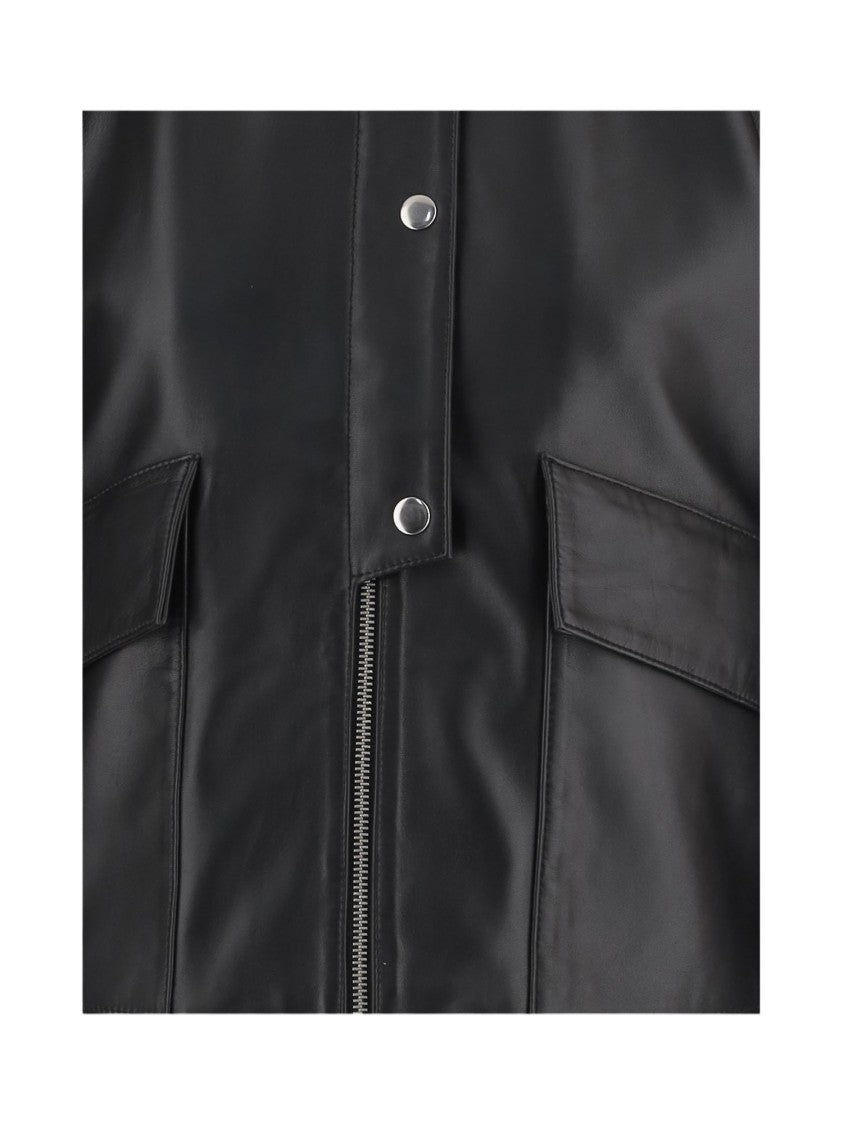 By Malene Birger High Collar Black Leather Jacket With Flap Pockets