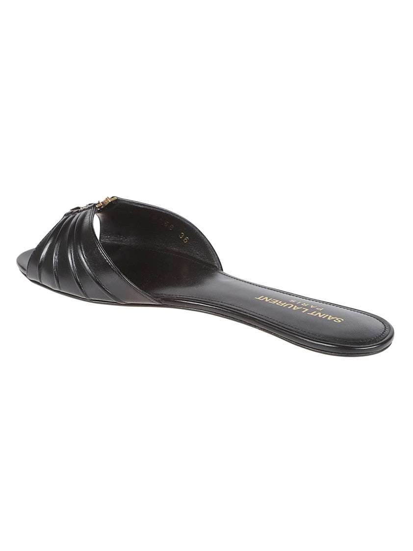Saint Laurent Almond-Toe Ruched Upper Metallic Logo Flat Sandals