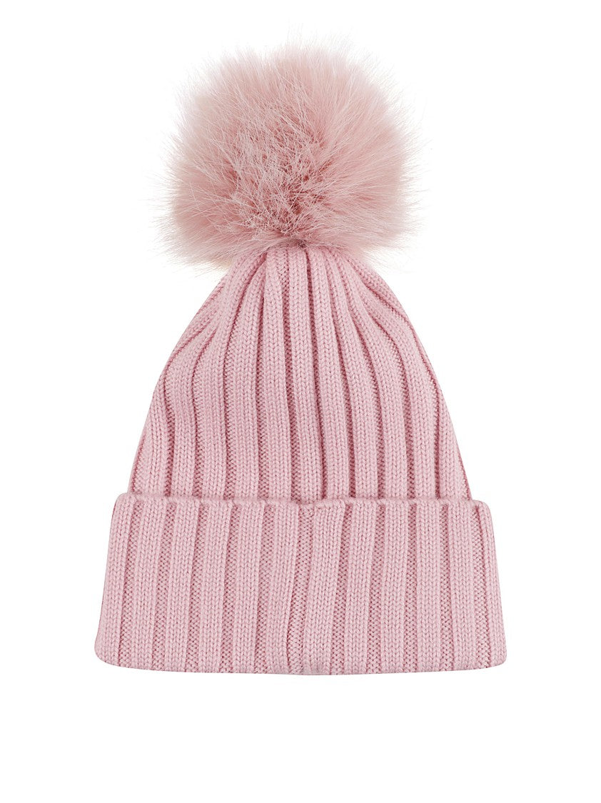 Moncler Ribbed Knit Wool Hat With Fluffy Pompom