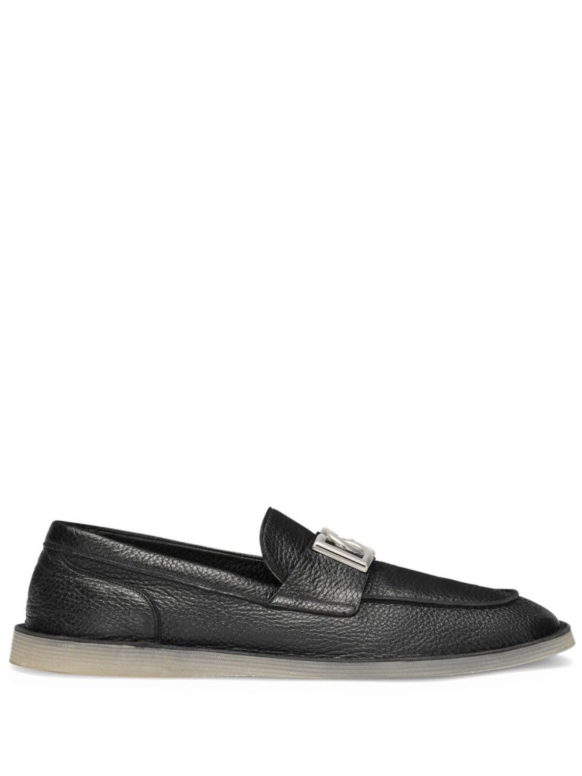 Dolce & Gabbana Slip-On Black Calf Leather Loafers With Deerskin Texture And Logo Plaque