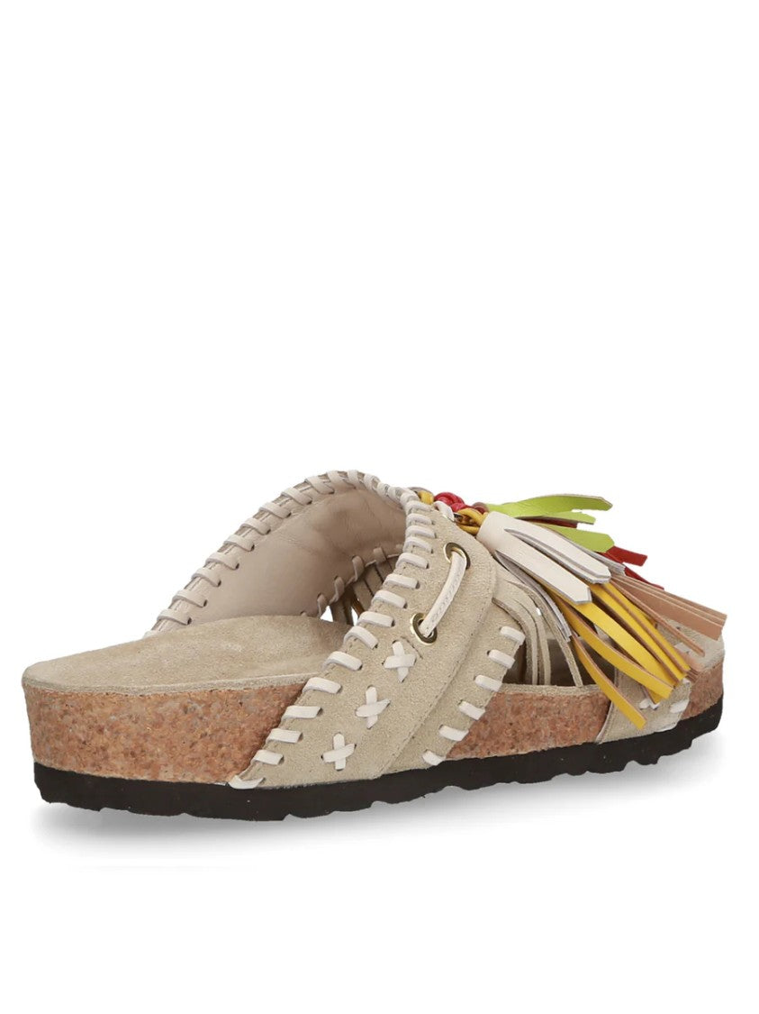 Elena Iachi Beige Suede Slipper With Multicolor Tassels