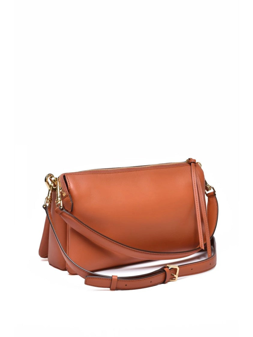 Mcm Brown Embossed Logo Leather Shoulder Bag