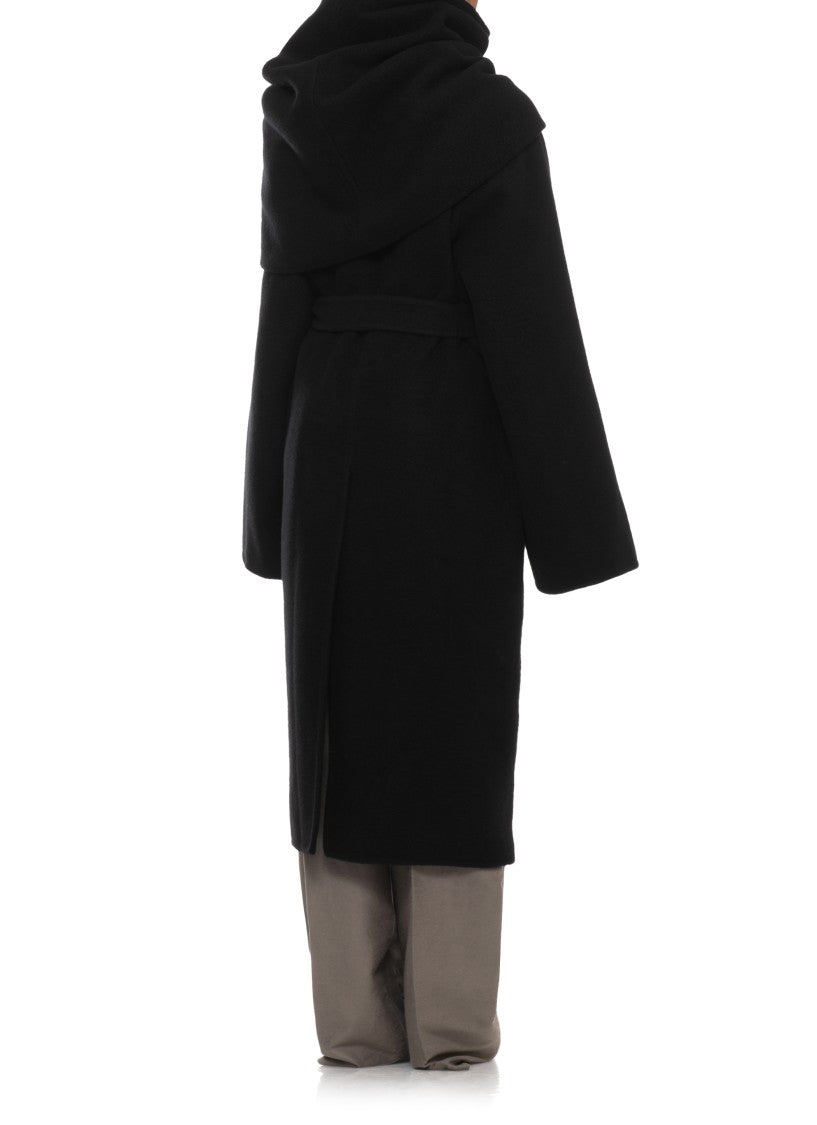 Rick Owens Long Black Cashmere Coat With Distinctive Cape And Matching Belt