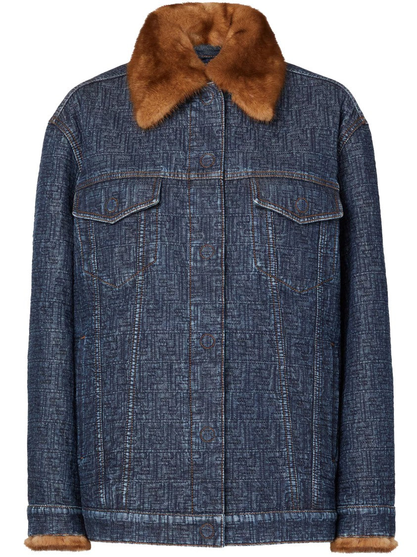 Fendi Padded Denim Jacket With Textured Fabric And Fur Collar