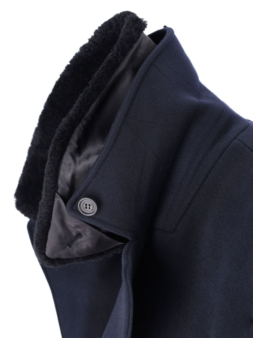 Mackage Navy Cole Double-Breasted Shearling Collar Wool Coat