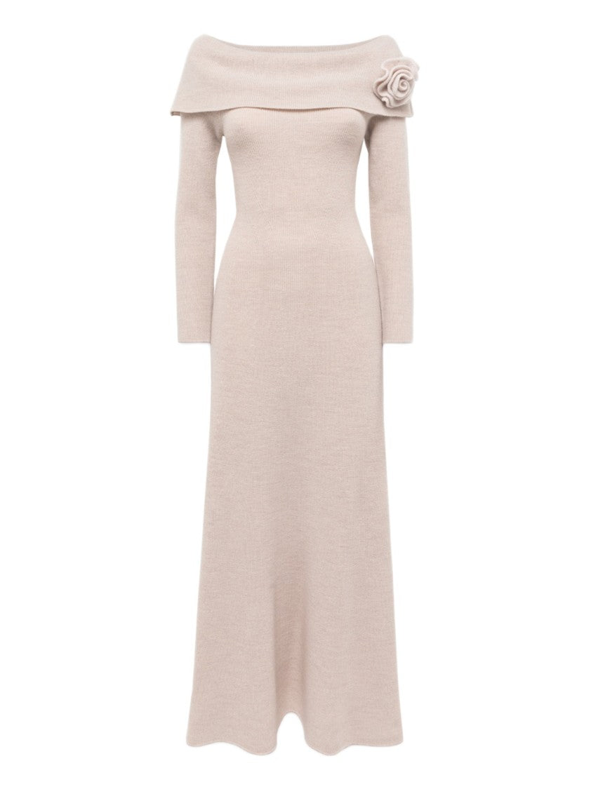 Blugirl Fitted Knit Maxi Dress With Off-Shoulder Neckline And Removable Brooch