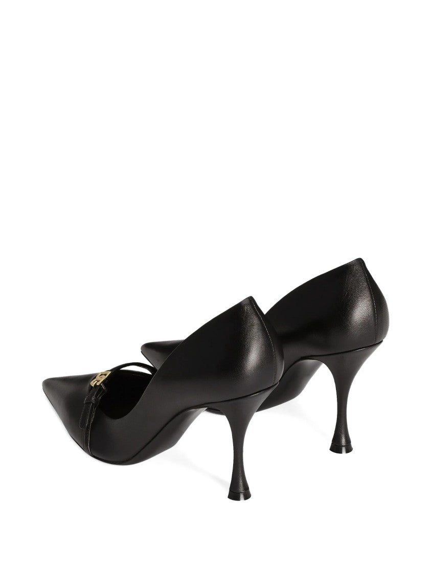 Dolce & Gabbana Pointed-Toe Black Leather Metallic Logo Pumps