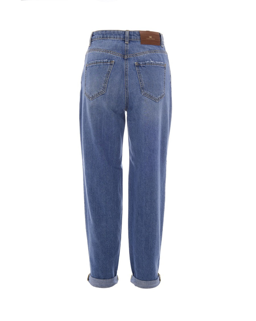 Elisabetta Franchi Blue Vintage Straight-Leg Jeans With Rolled Cuffs And Lock Charm
