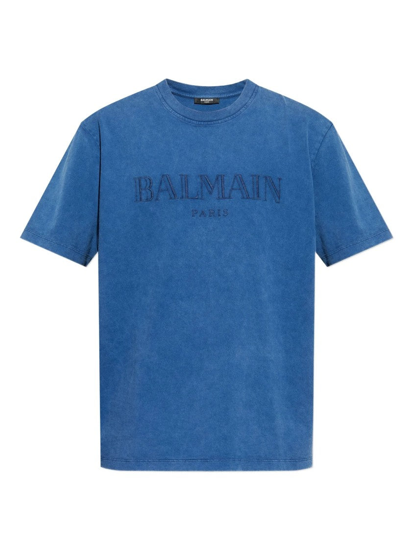 Balmain Washed Blue Loose Ss Embroidered T-Shirt