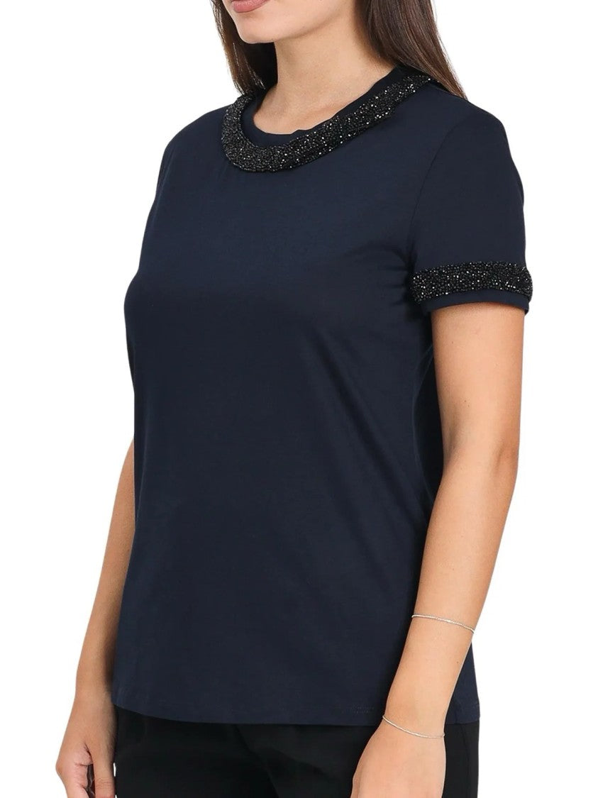 Max Mara Blue Cotton Beaded T-Shirt