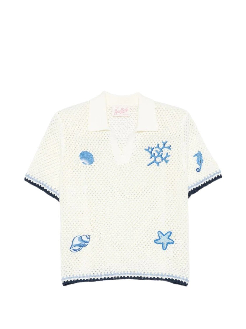 Mc2 Saint Barth White Open-Knit Sea Motifs Top