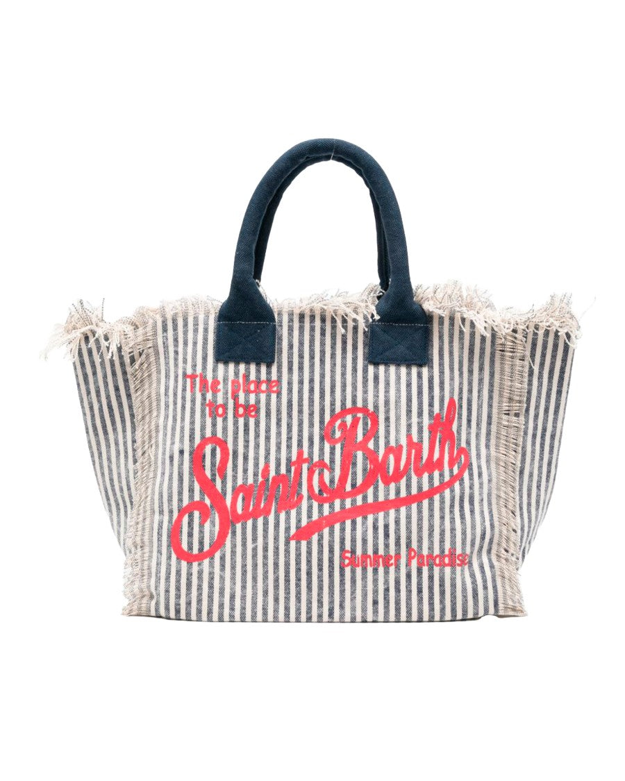 Mc2 Saint Barth Cotton Canvas Tote Bag With Fringed Edges And Bold Logo