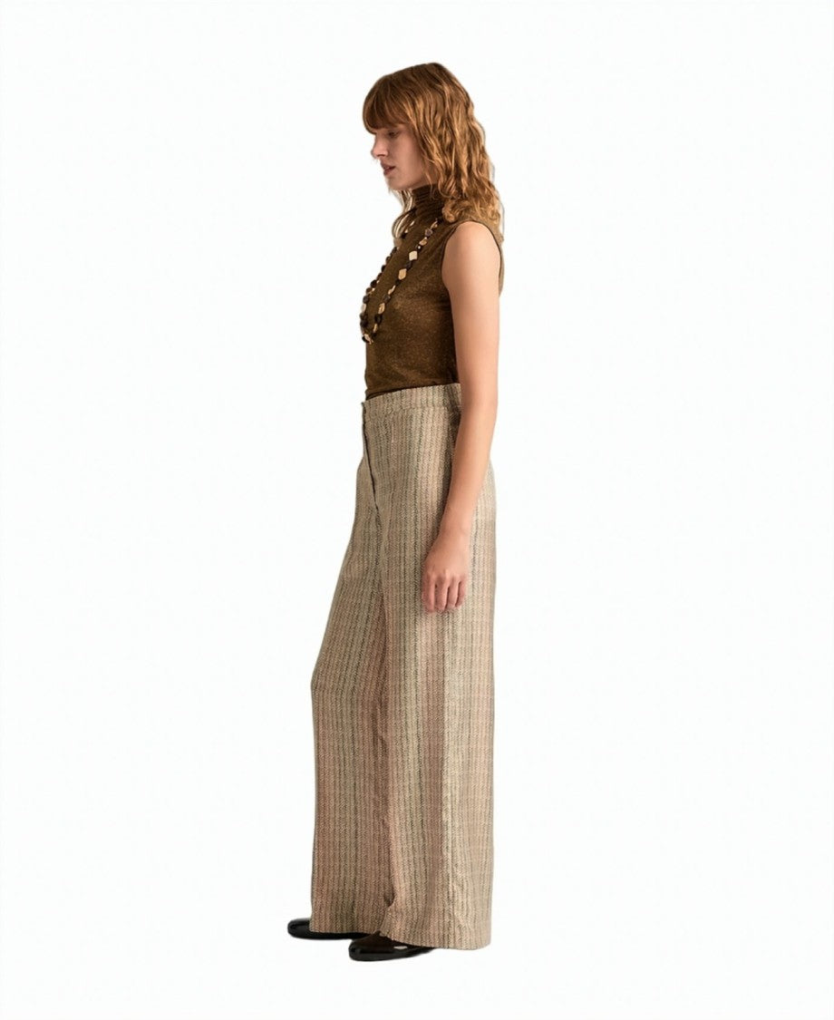 Momonì Printed Pure Silk Twill Mother-Of-Pearl Wide-Leg Trousers