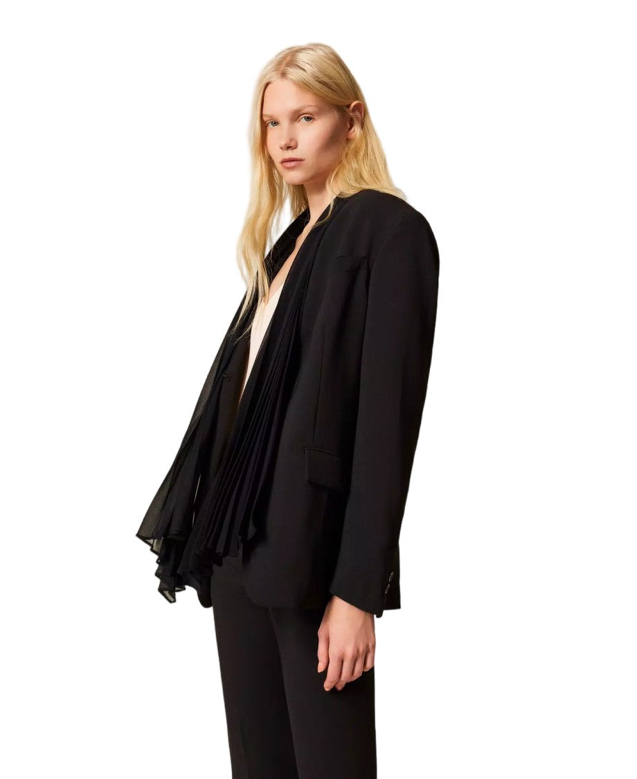 Twin-Set Crêpe Removable Pleated Scarf V-Neck Blazer
