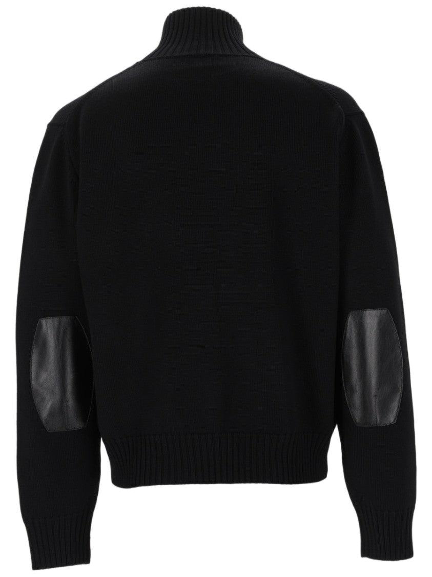 Tom Ford Black Zip-Up Sweater With Ribbed Collar And Leather Patches