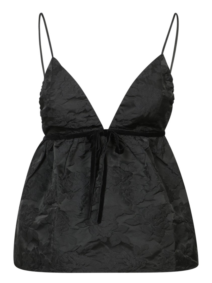 Ganni Black Deep V-Neck Top With Bow Detailing