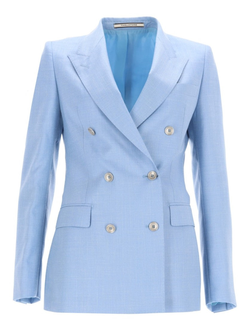 Tagliatore Blue Double-Breasted Wool Silk Blazer
