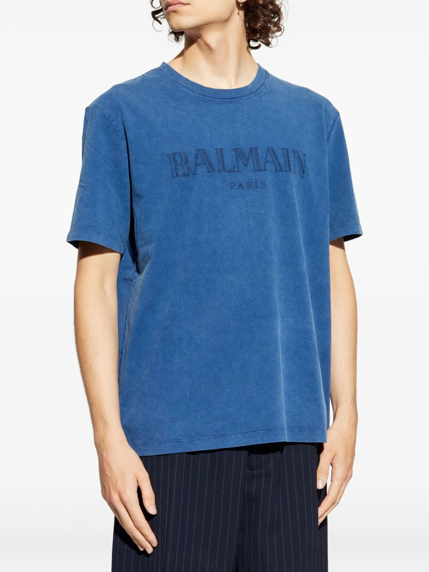 Balmain Washed Blue Loose Ss Embroidered T-Shirt