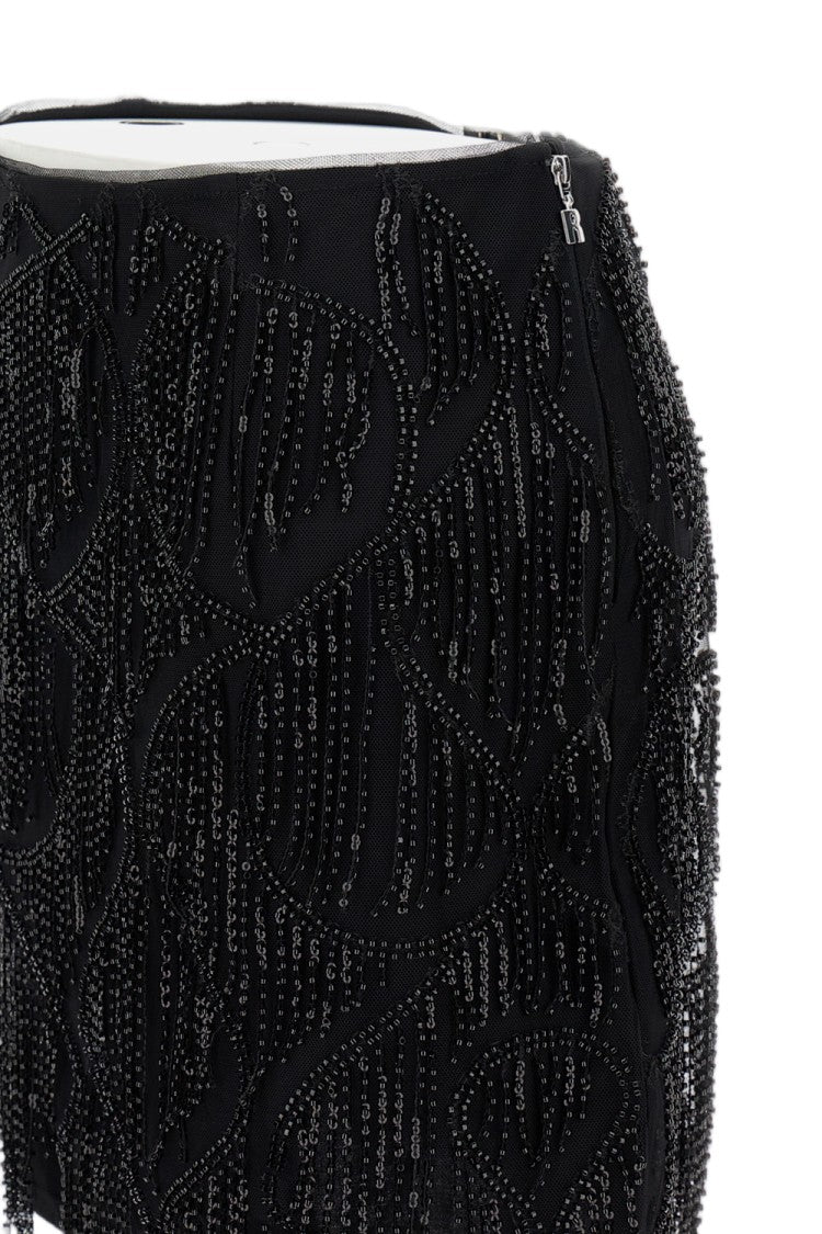 Rotate Textured Mini Skirt With Beaded Fringe And Side Zip Closure