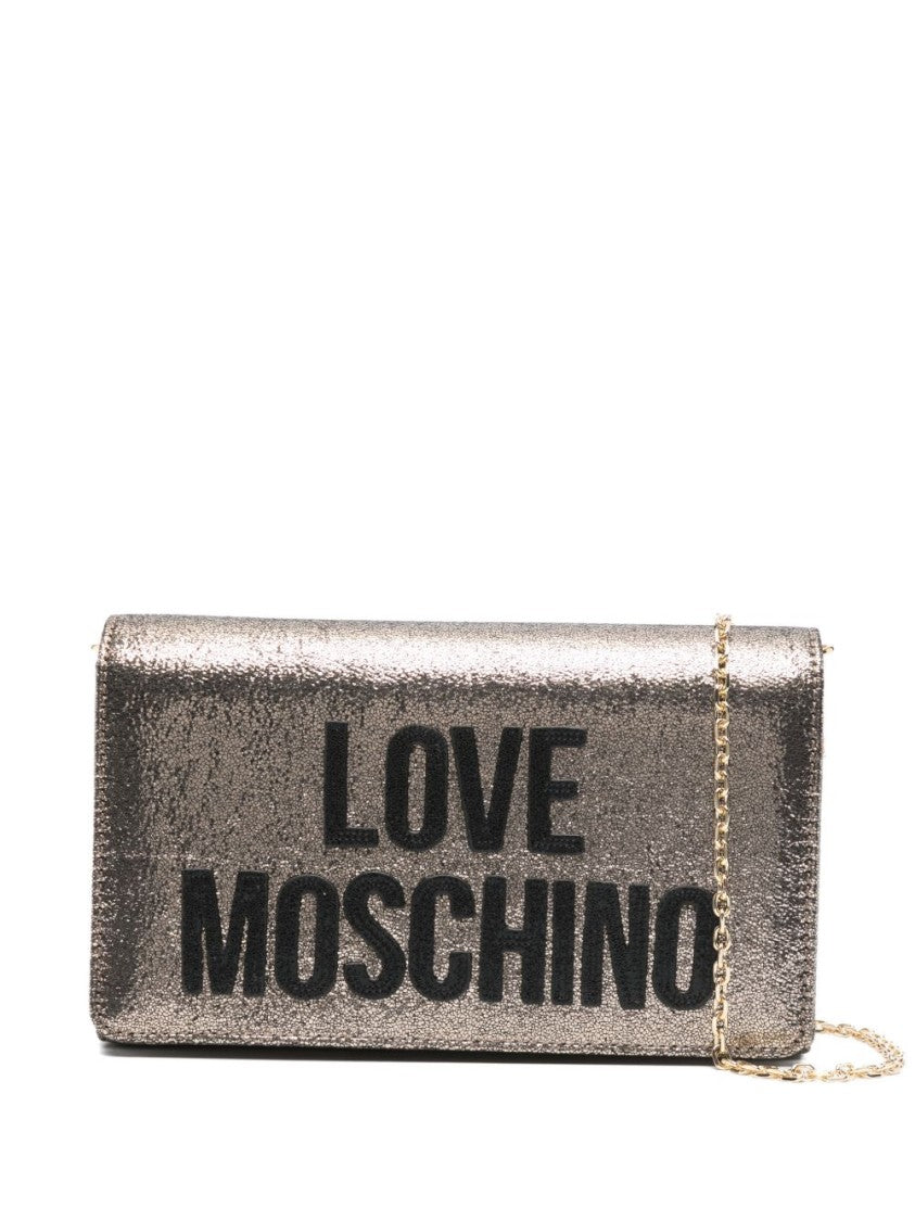 Love Moschino Rectangular Gold Textured Shoulder Bag With Chain Strap