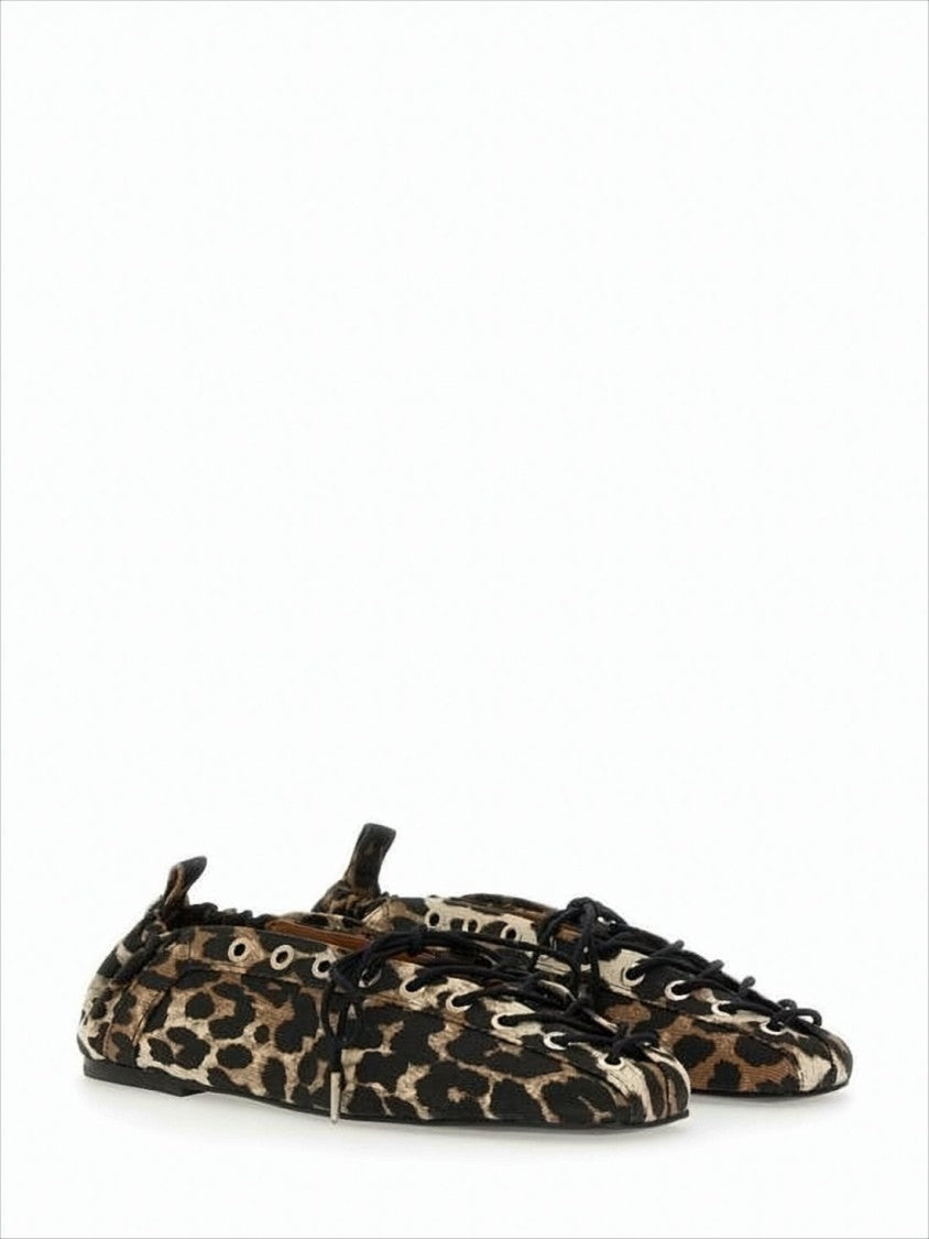 Ganni Leopard Print Lace-Up Flat Shoes With Gathered Back