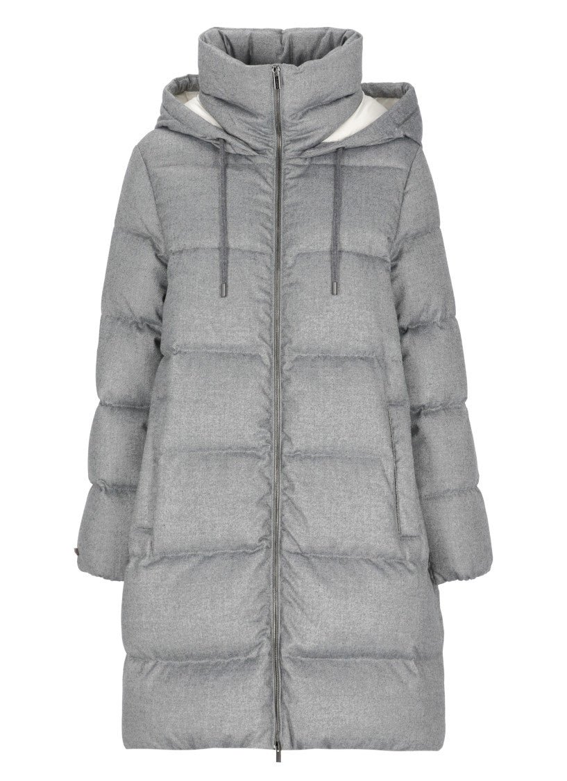 Peserico Grey Hooded Quilted Long Down Jacket