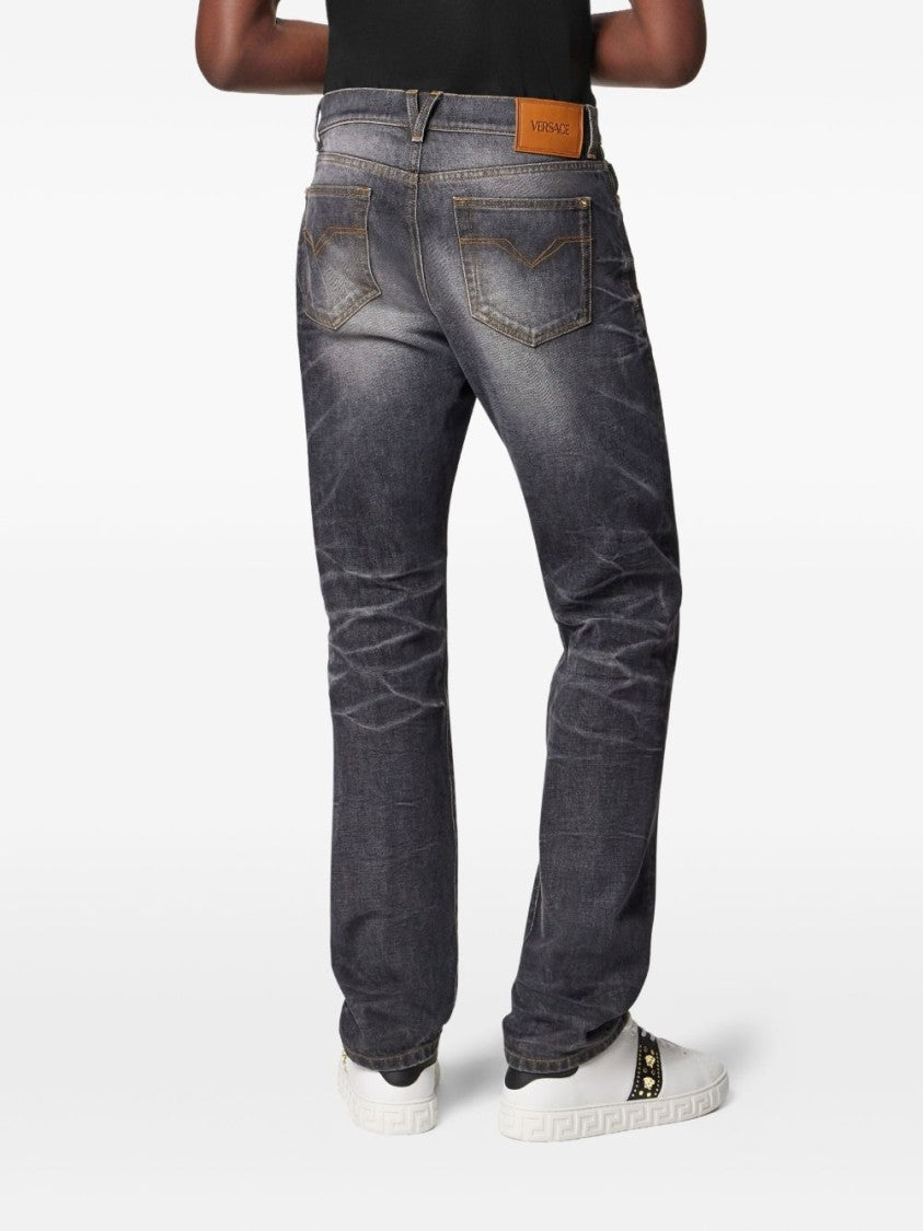 Versace Faded Black Straight-Leg Jeans With Gold Accents