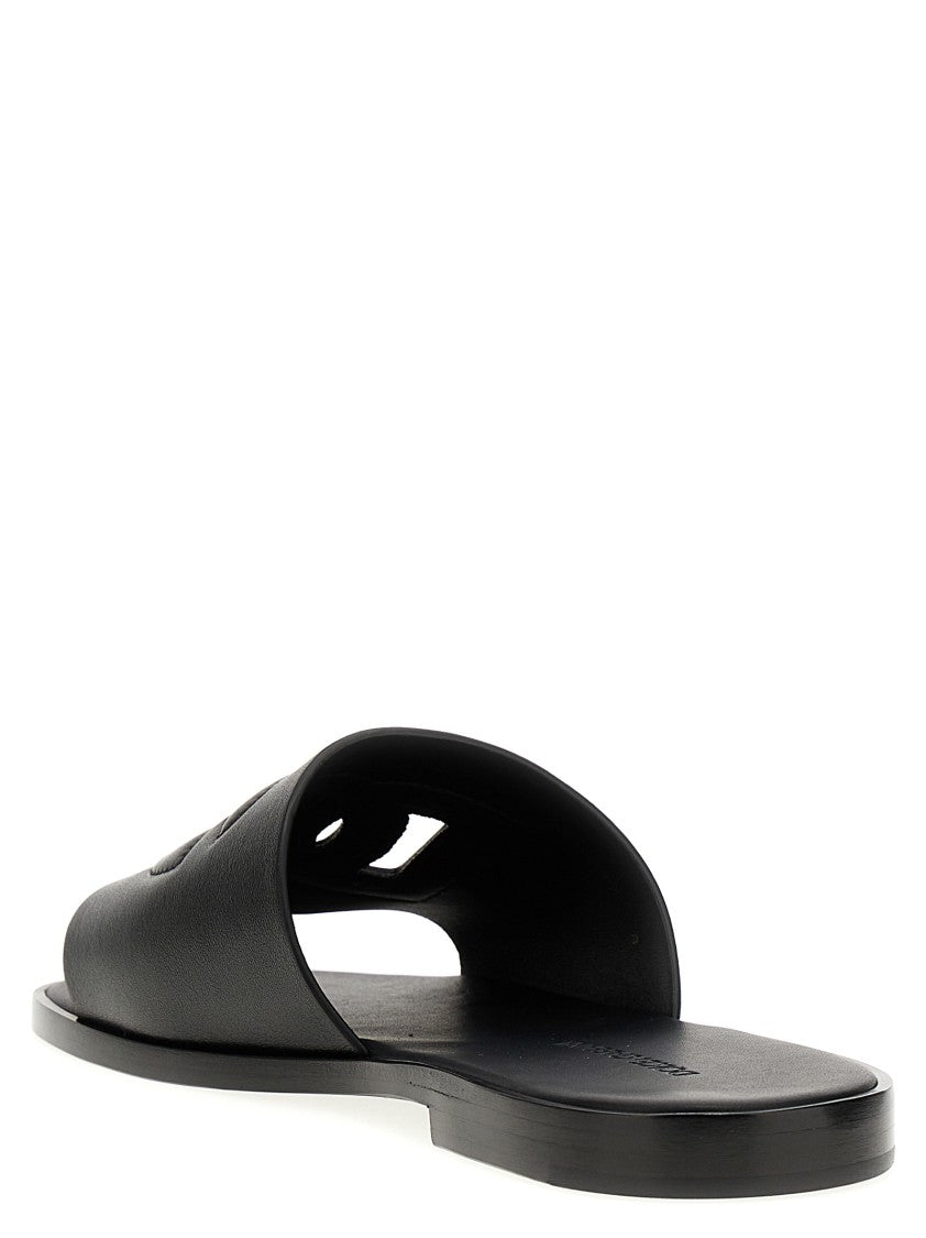 Dolce & Gabbana Black Leather Slides With Prominent Logo