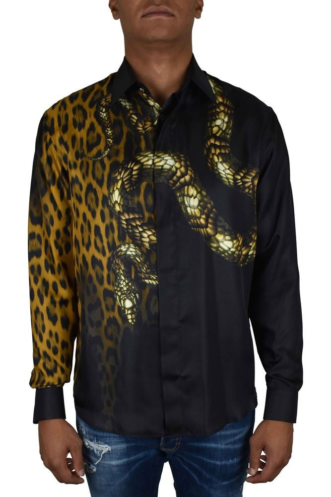 Roberto Cavalli Leopard Print And Snakeskin Black Silk Shirt