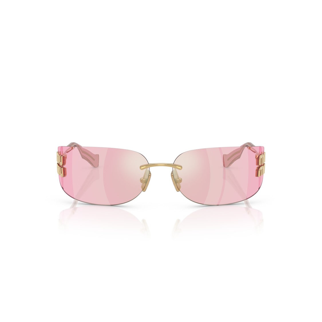 Miu Miu Rimless Rectangular Sunglasses With Gold-Toned Temples And Pink Lenses