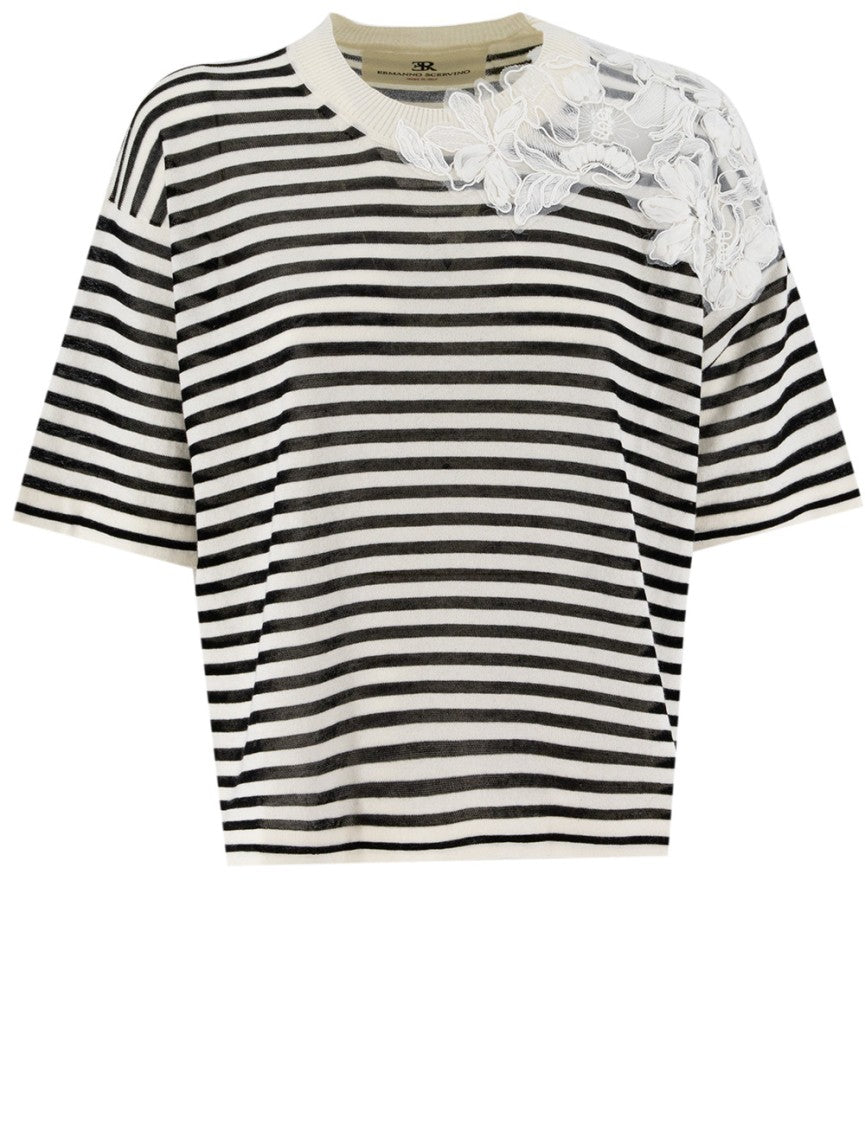 Ermanno Scervino Striped Cotton T-Shirt With Floral Lace Detail