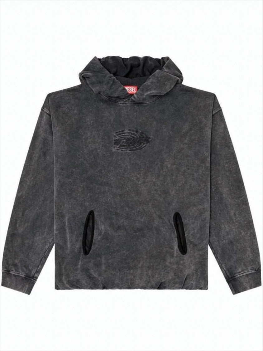 Diesel Washed Black Hoodie With Distressed Logo Detail