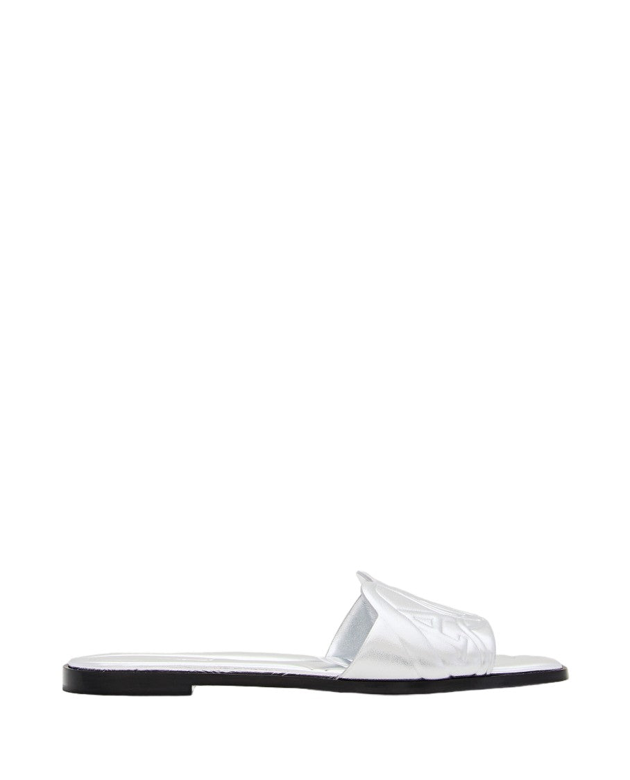 Alexander Mcqueen Metallic Silver Flat Slide Sandal With Embossed Strap