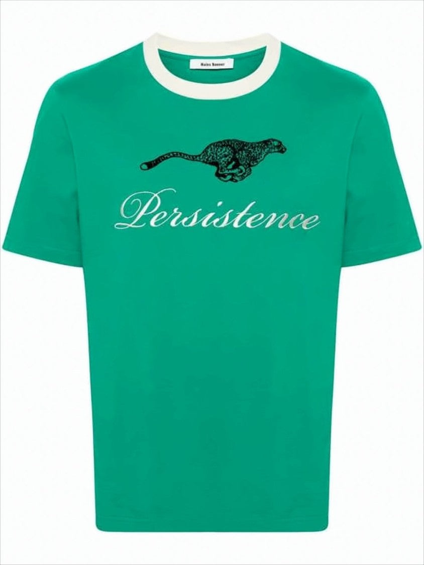 Wales Bonner Green Graphic Tee With Leopard And Script Design