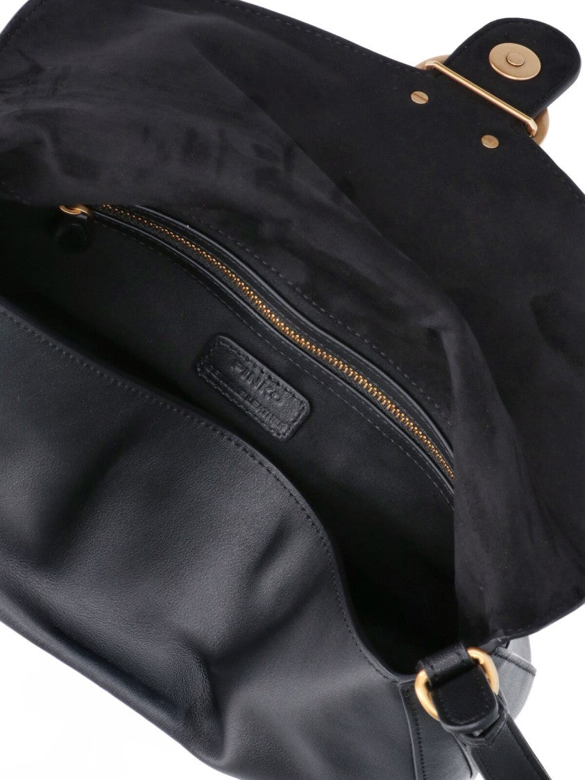 Pinko Black Leather Love Birds Flap Shoulder Bag