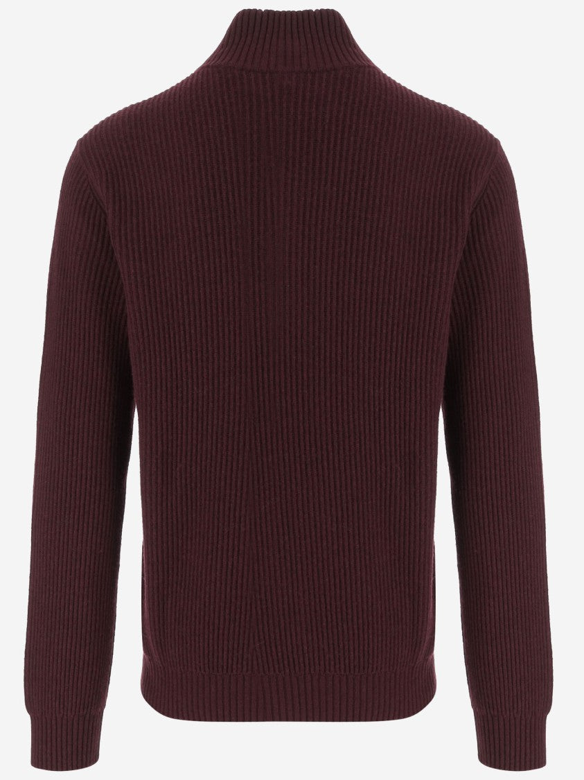 Woolrich Bordeaux Wool Blend Sweater With Front Zipper And Rib Knitting