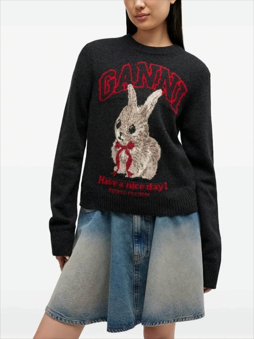 Ganni Knitted Bunny Design Sweater With Classic Crew Neckline