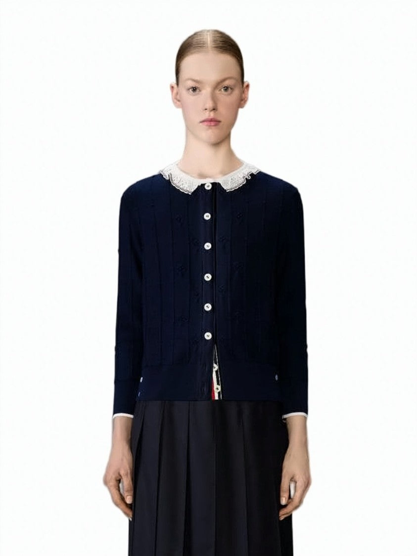 Thom Browne Button-Down Cardigan With Scalloped Collar And Pearl Buttons