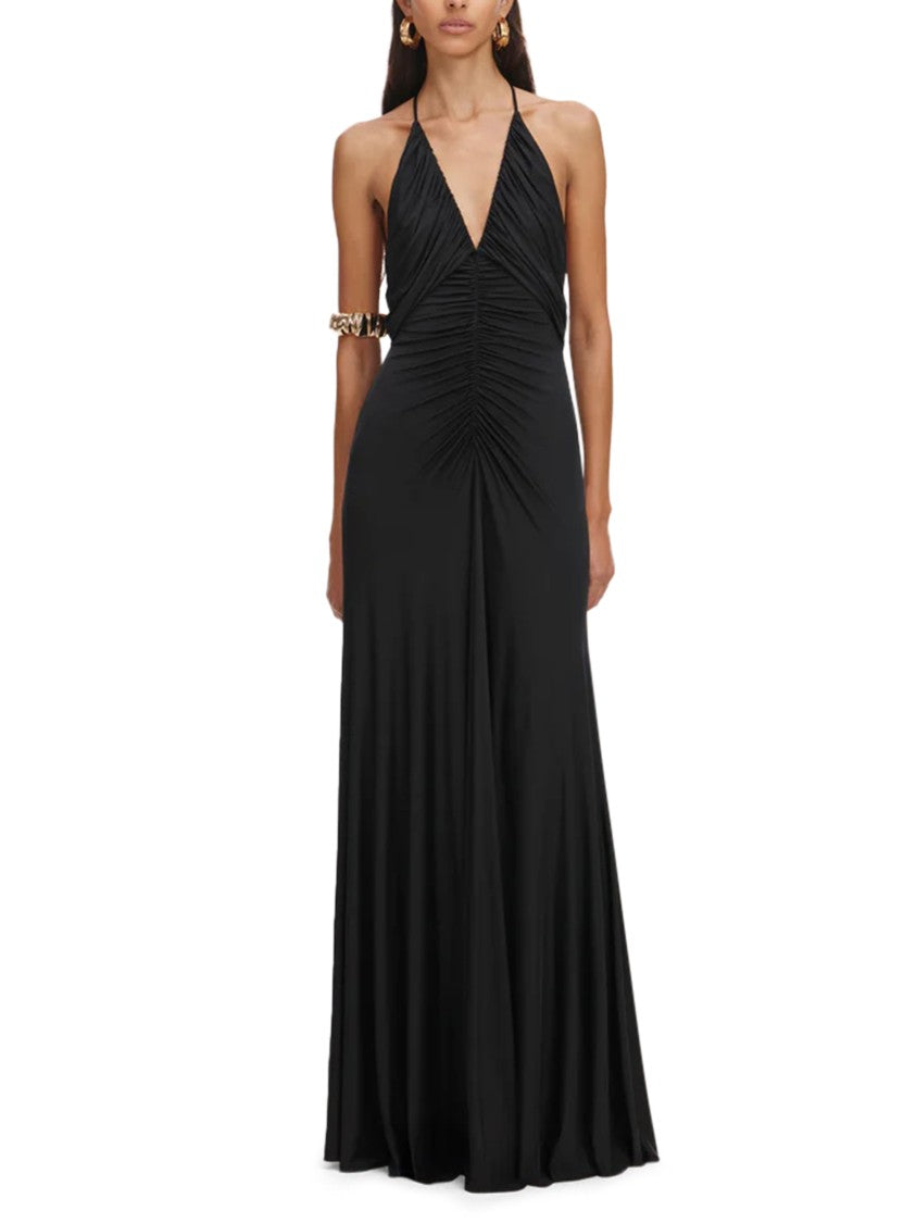 Self-Portrait Gathered Black Jersey Maxi Dress With Deep V-Neckline