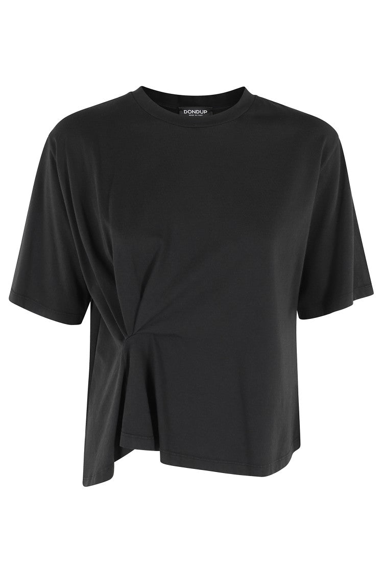 Dondup Black Cotton T-Shirt With Unique Draping Detail